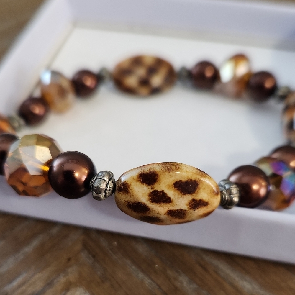 Brown Leopard Print Beaded Bracelet